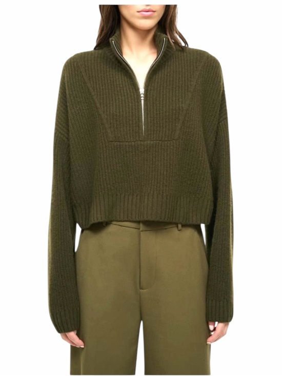 STAUD Sweaters - STAUD Cashmere Cropped Hampton Sweater Olive Chunky Knit Half Zip Oversized M
